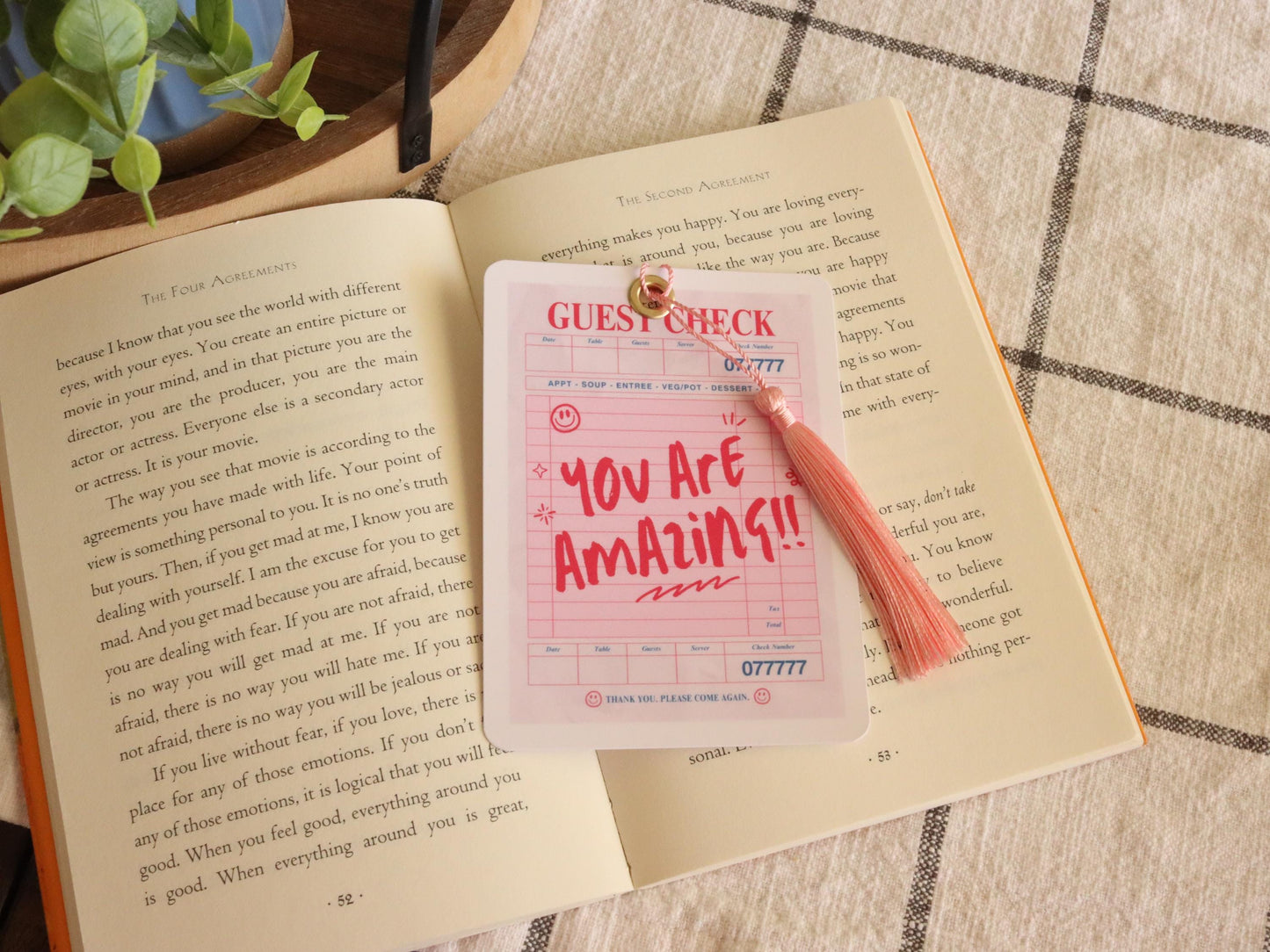 Laminated Pink Guest Check Diner Receipt Bookmark with Pink Tassel
