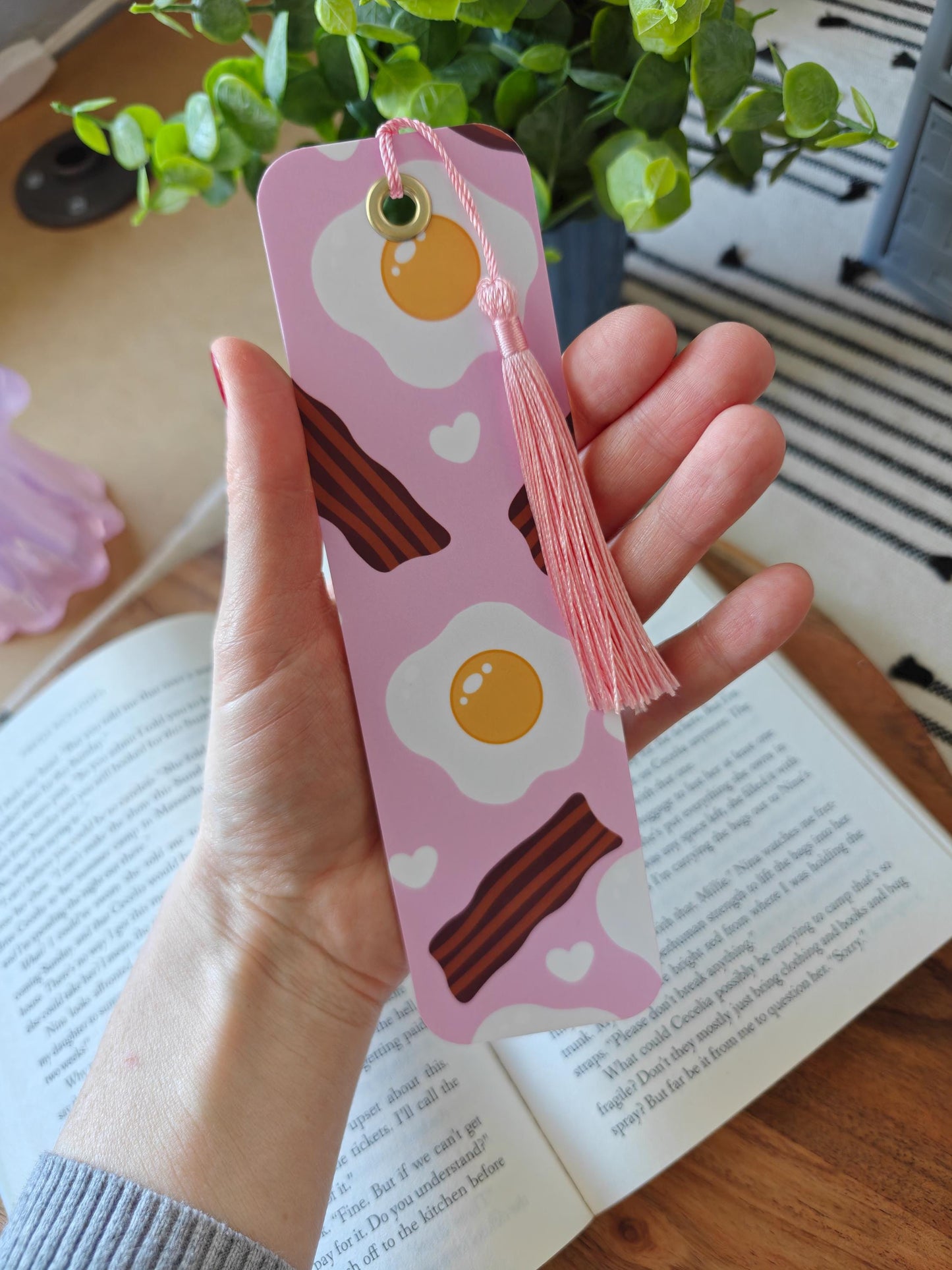Bacon and Eggs Breakfast Laminated 2x7 Bookmark with Pink Tassel