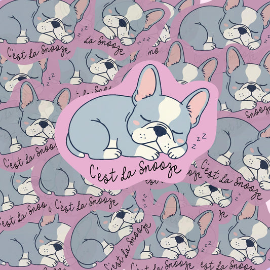 Sleeping French Bulldog Sticker: "C'est La Snooze" Vinyl Decal