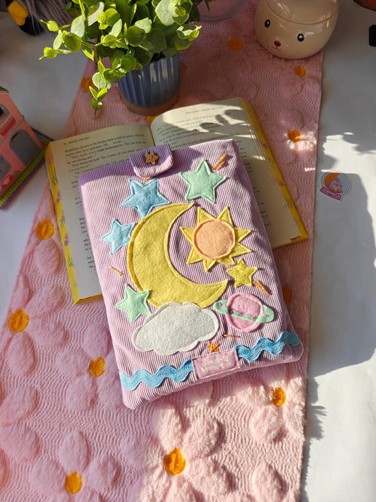 Pastel Book Sleeve With Moon and Stars | Corduroy Padded Book Pouch