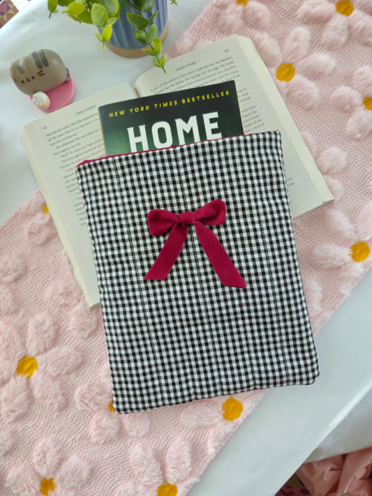 Quilted Black Gingham Book Sleeve Pouch with Crimson Red Bow