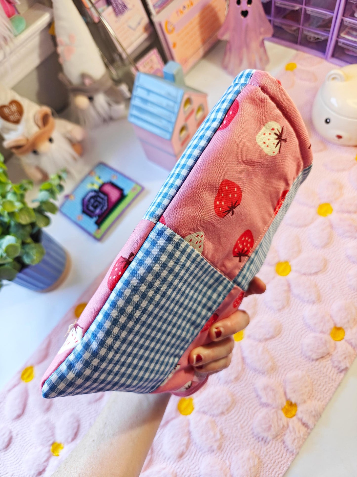 Patchwork Strawberry and Blue Gingham Book Sleee with Optional Zipper