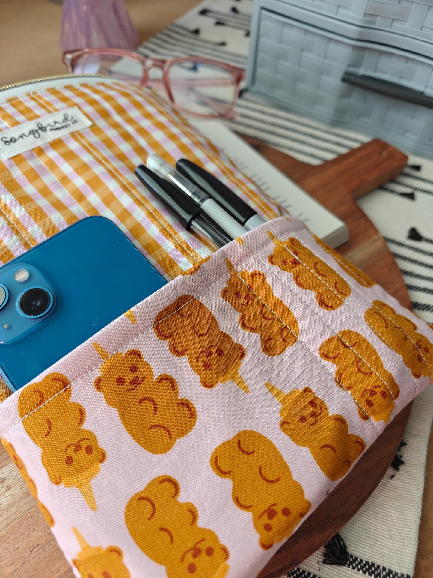 Gingham Honey Bear Book Sleeve With Zipper And Front Utility Pocket