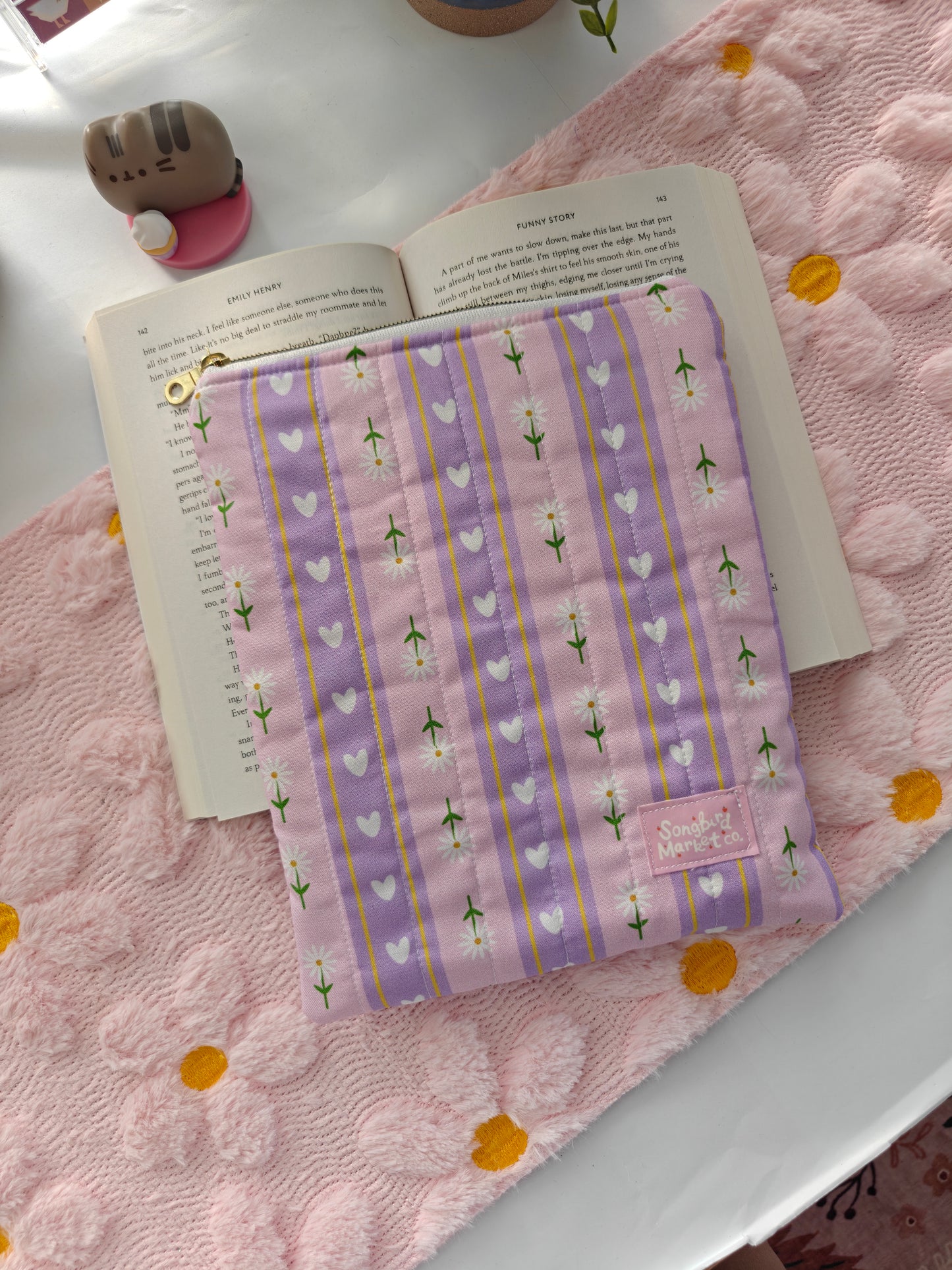 Lavender Fields Quilted Book Sleeve - Floral & Heart Padded Book Pouch with Zipper