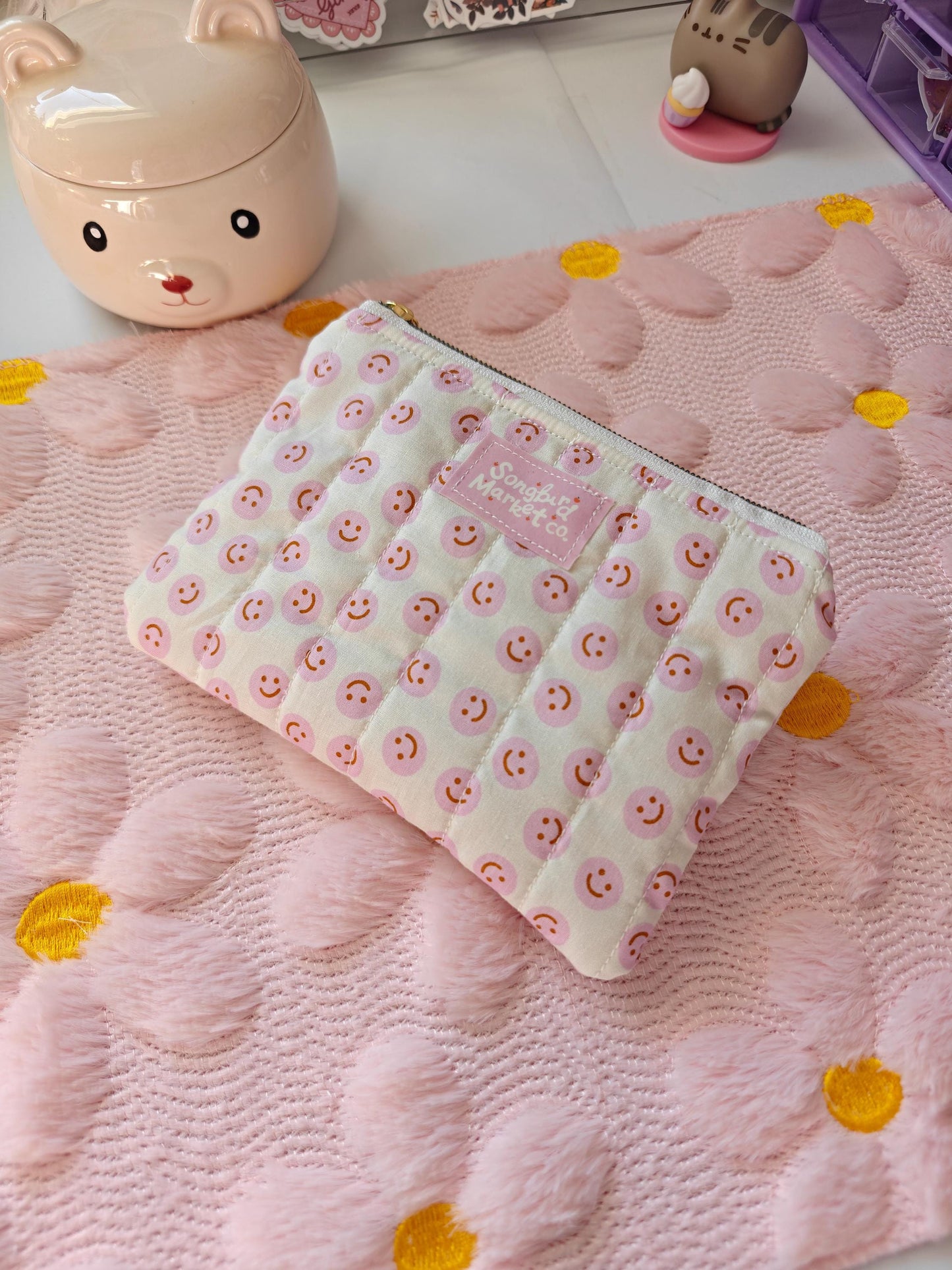 Quilted Smiley Face Zipper Pouch | Pink Small Makeup Bag | Handmade Fabric Coin Purse