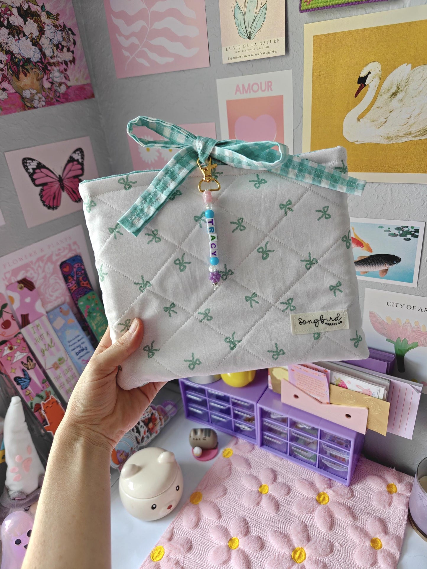 Name Charm Bow Book Sleeve with Gingham Ribbon Closure