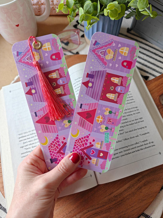 Cupids Lane Valentines Bookmark | Hand Drawn Heart Village Book Accessory | Cozy Reader Gift