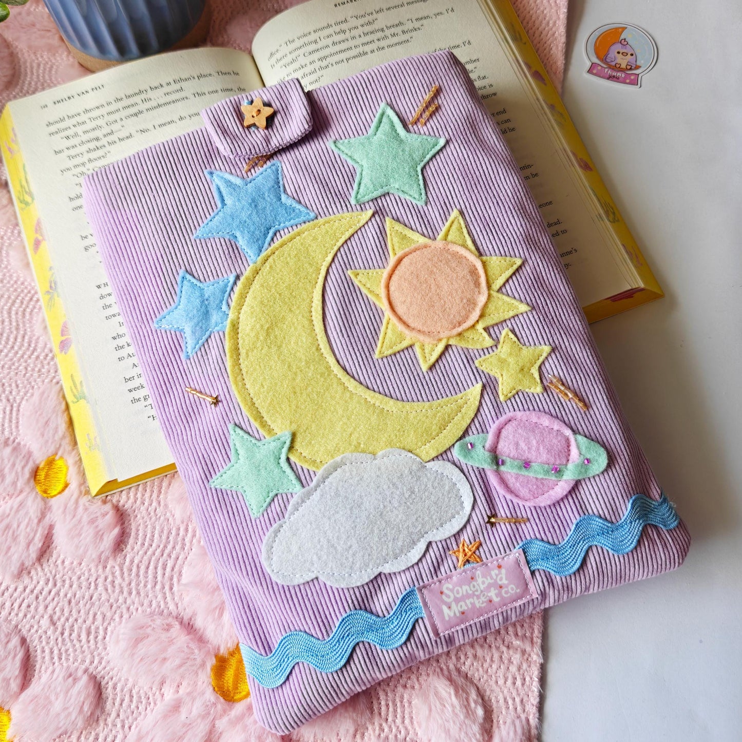 Pastel Book Sleeve With Moon and Stars | Corduroy Padded Book Pouch