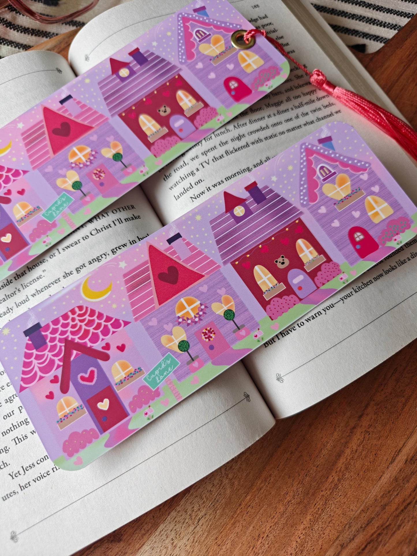 Cupids Lane Valentines Bookmark | Hand Drawn Heart Village Book Accessory | Cozy Reader Gift