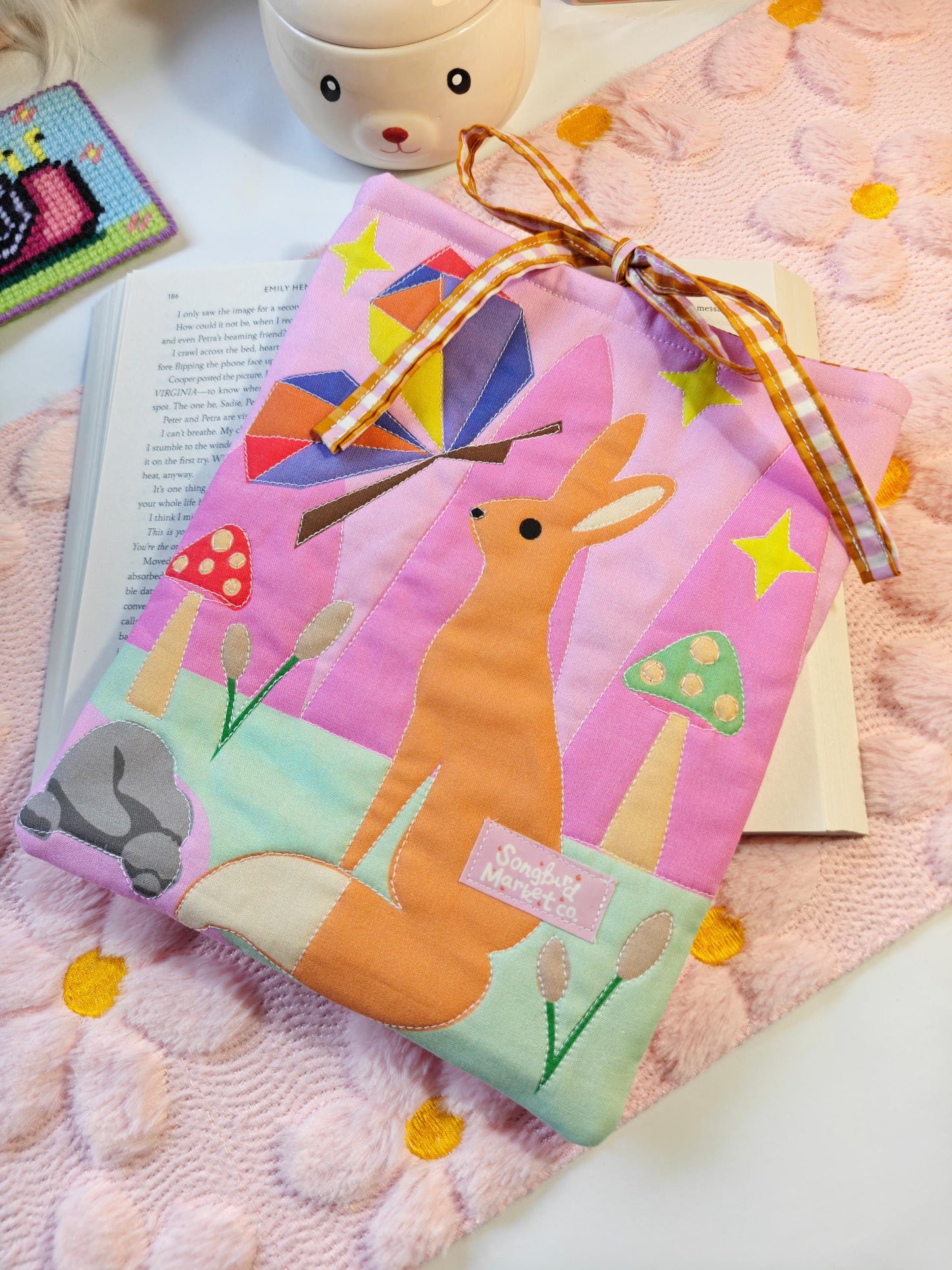 Quilted Colorful Book Sleeve with Gingham Tie Enclosure
