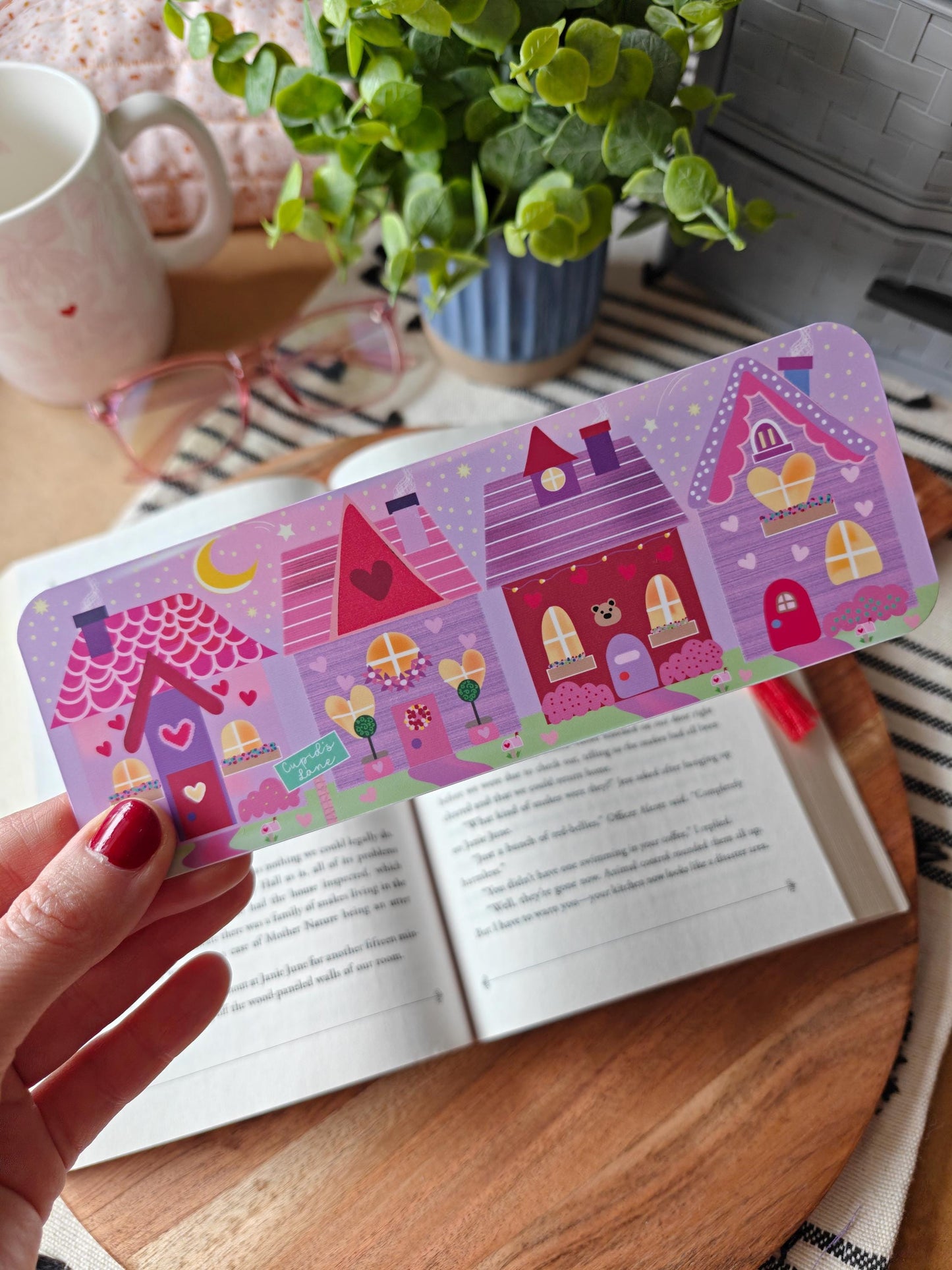 Cupids Lane Valentines Bookmark | Hand Drawn Heart Village Book Accessory | Cozy Reader Gift