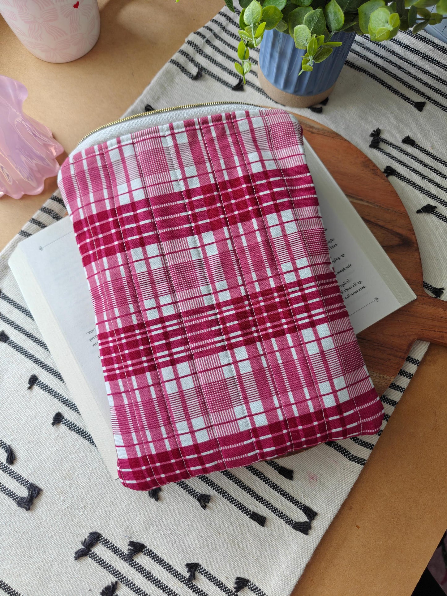 Red Plaid Quilted Book Sleeve With Zipper  | 11 inch iPad Sleeve