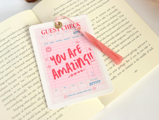 Laminated Pink Guest Check Diner Receipt Bookmark with Pink Tassel