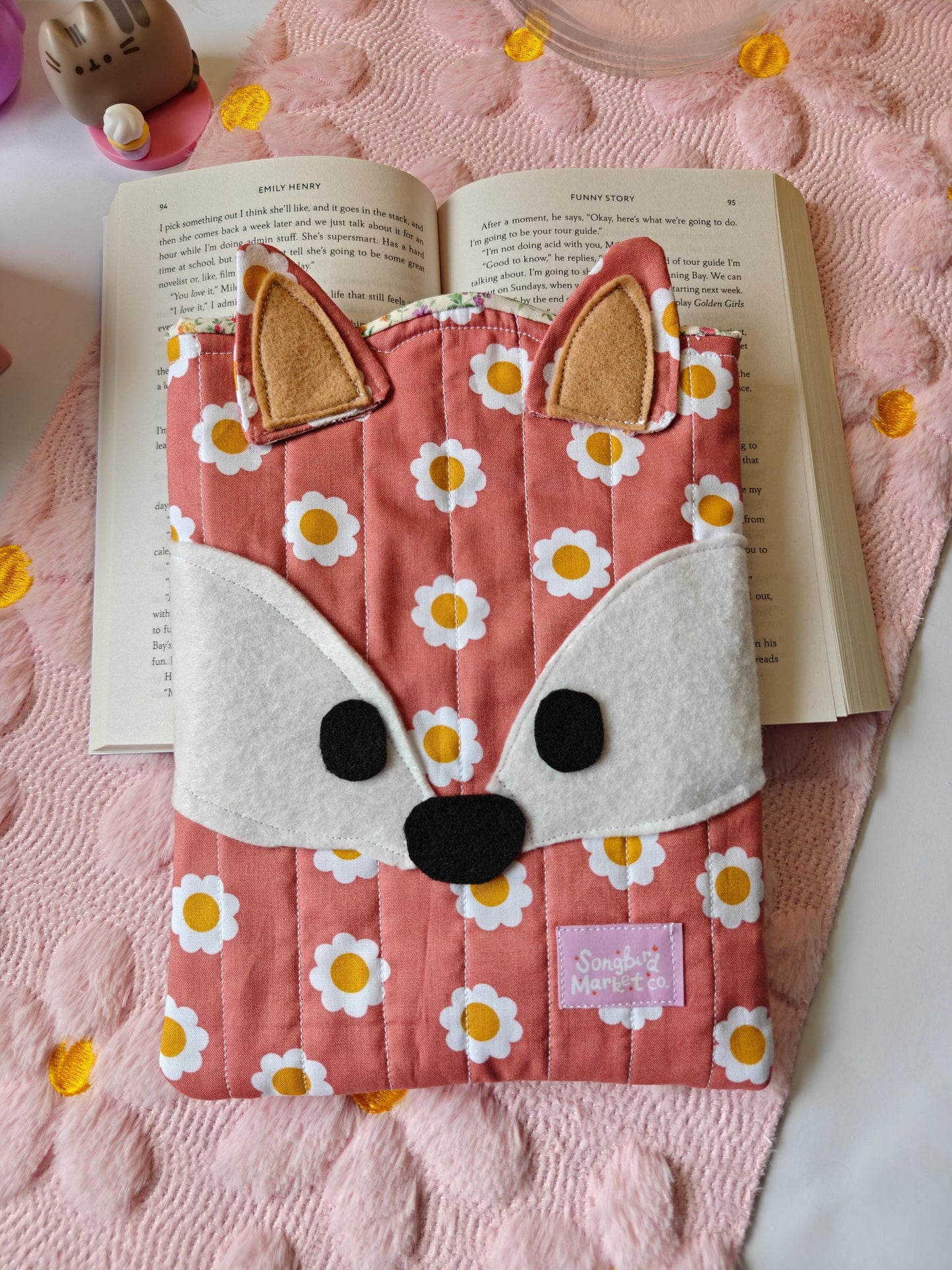 Fox-Shaped Book Sleeve with Dainty Yellow Floral Interior Lining