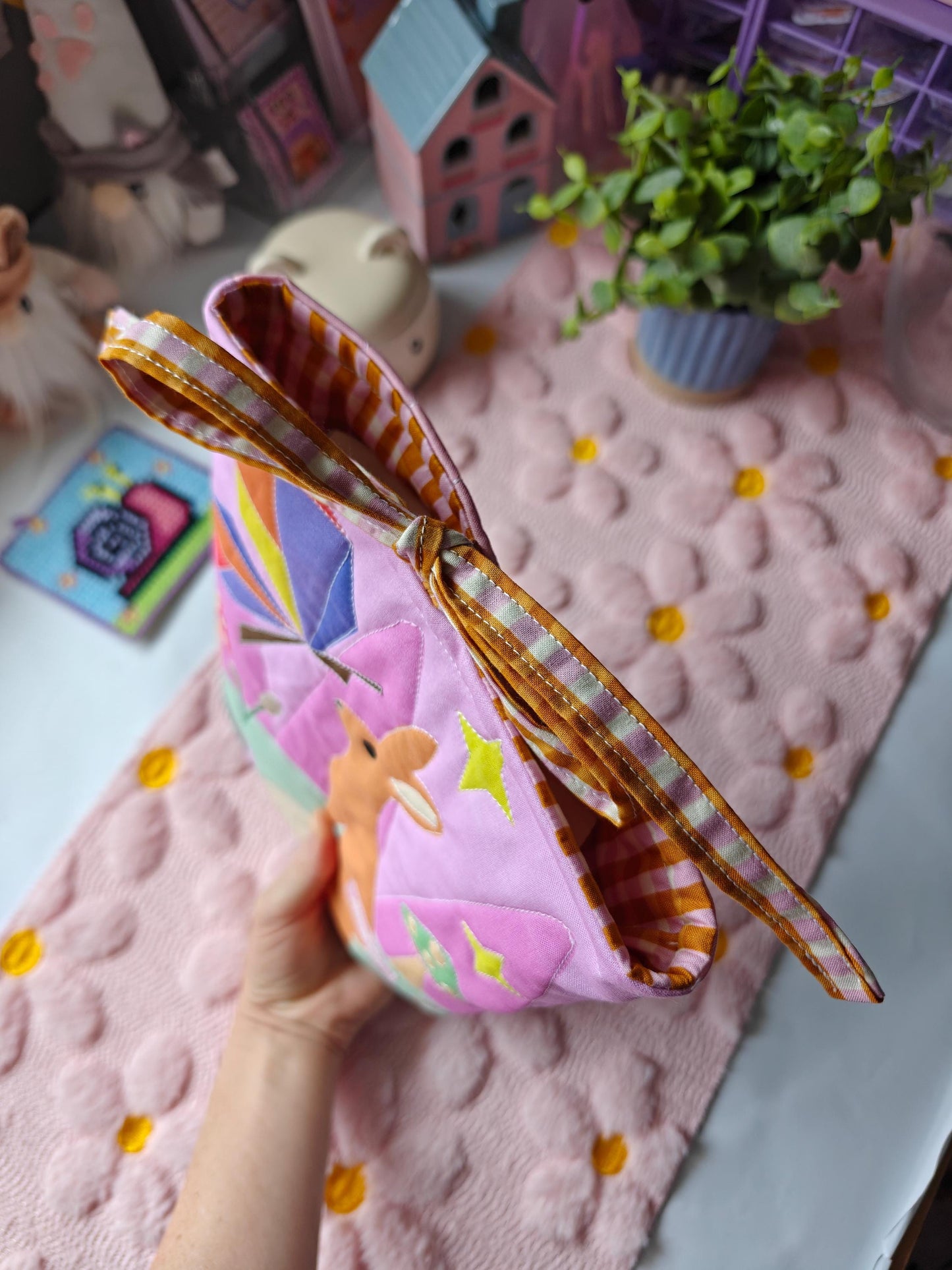 Quilted Colorful Book Sleeve with Gingham Tie Enclosure