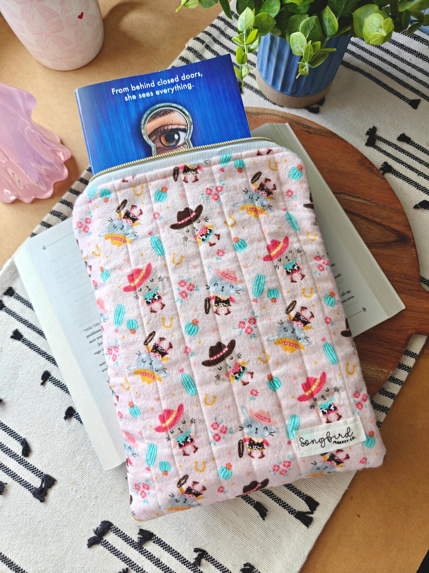 Pink Cowboy Cat Fleece Quilted Book Sleeve With Zipper  | 11 inch iPad Sleeve