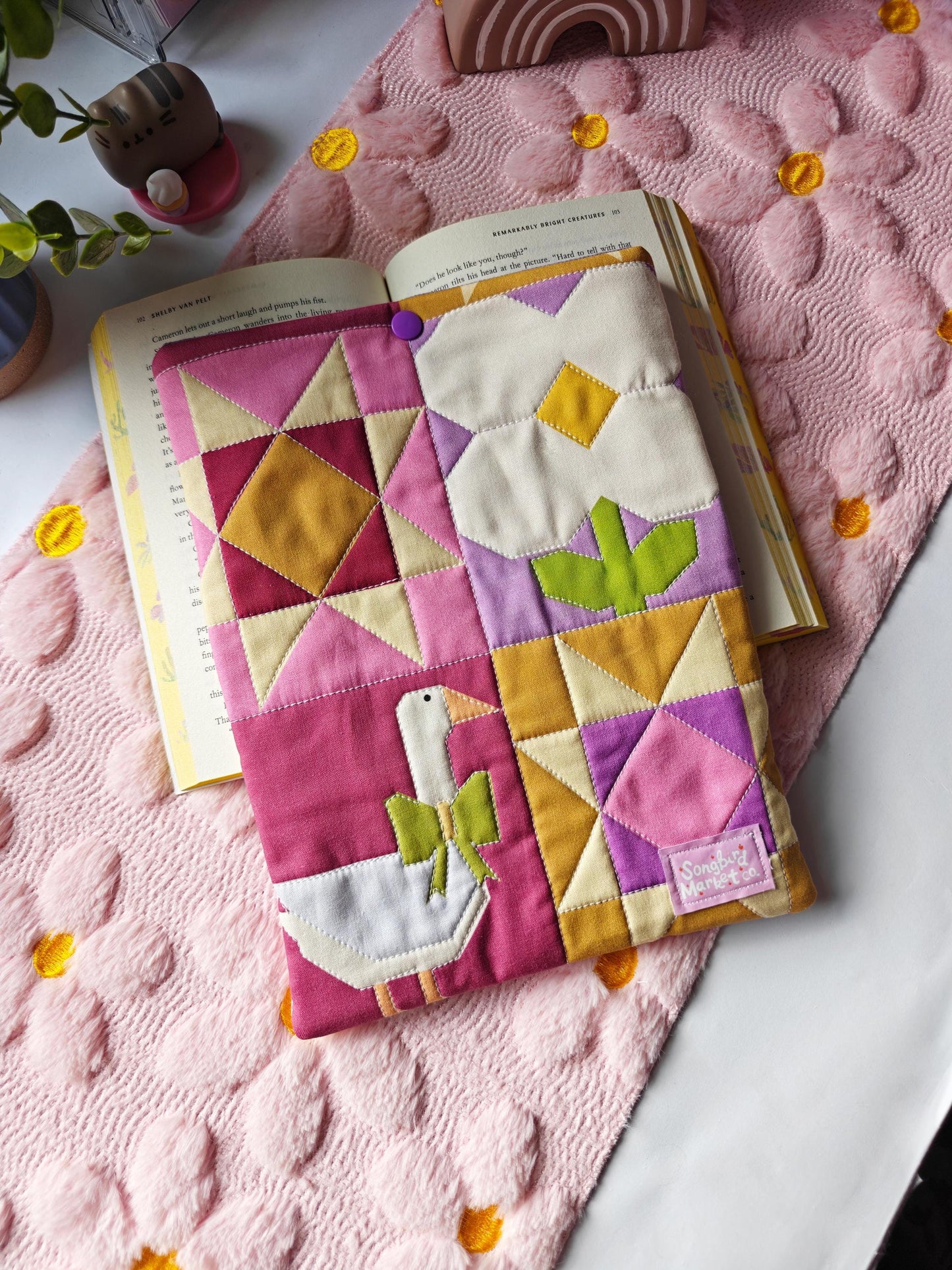 Cottage Orchard Patchwork Book Sleeve with Snap or Ribbon Enclosure