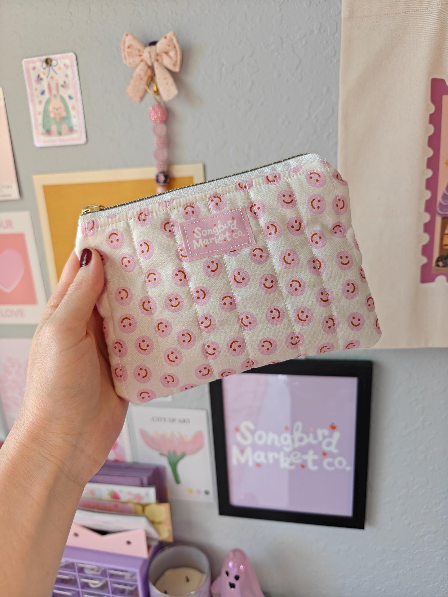 Quilted Smiley Face Zipper Pouch | Pink Small Makeup Bag | Handmade Fabric Coin Purse