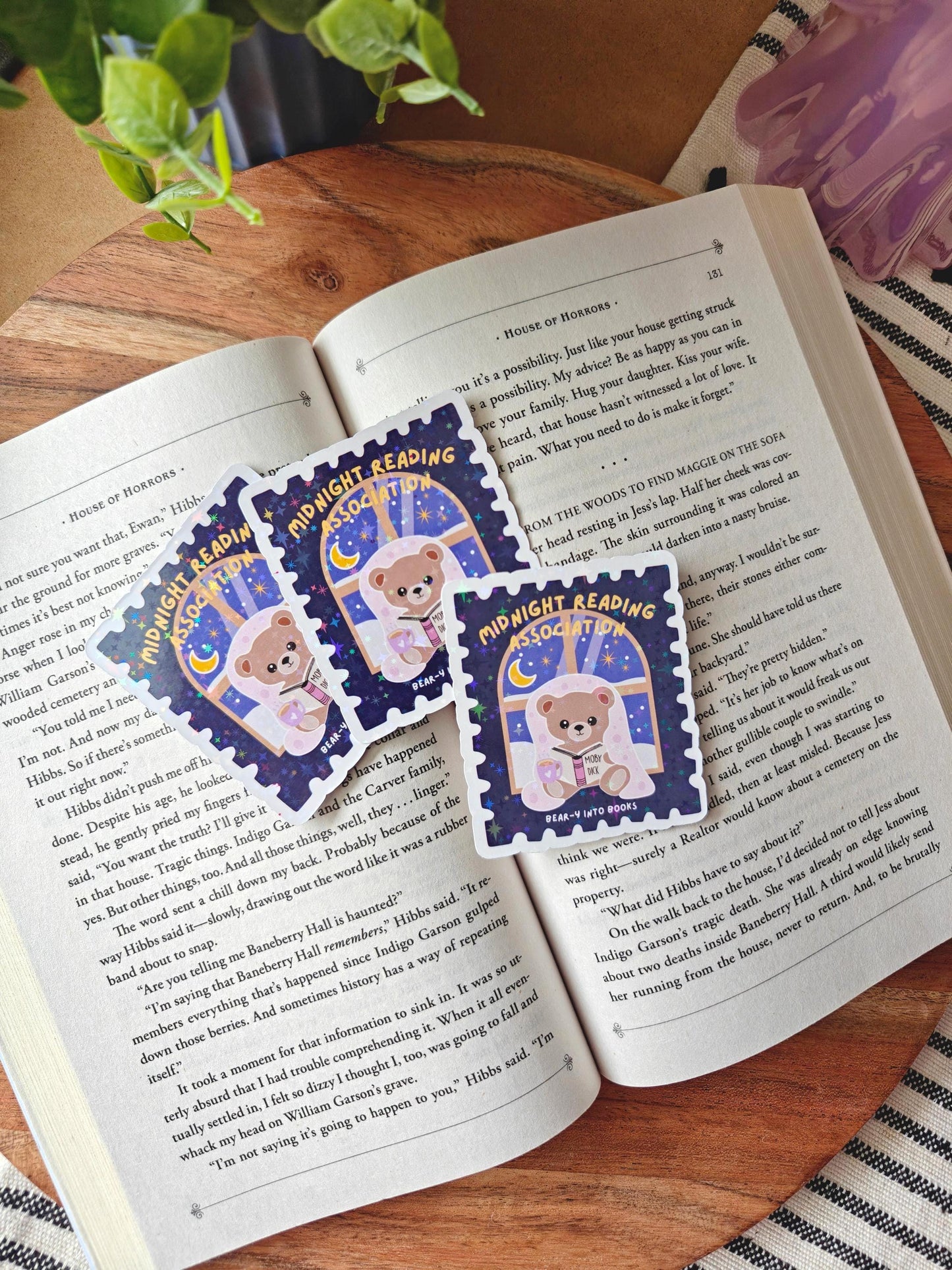 Holographic Midnight Reading Bear Sticker | Stamp Design Bookish Stickers