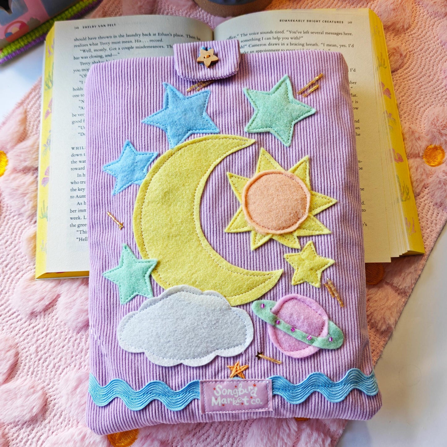 Pastel Book Sleeve With Moon and Stars | Corduroy Padded Book Pouch