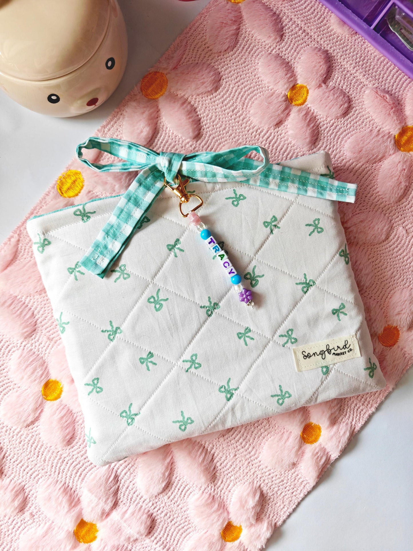Name Charm Bow Book Sleeve with Gingham Ribbon Closure