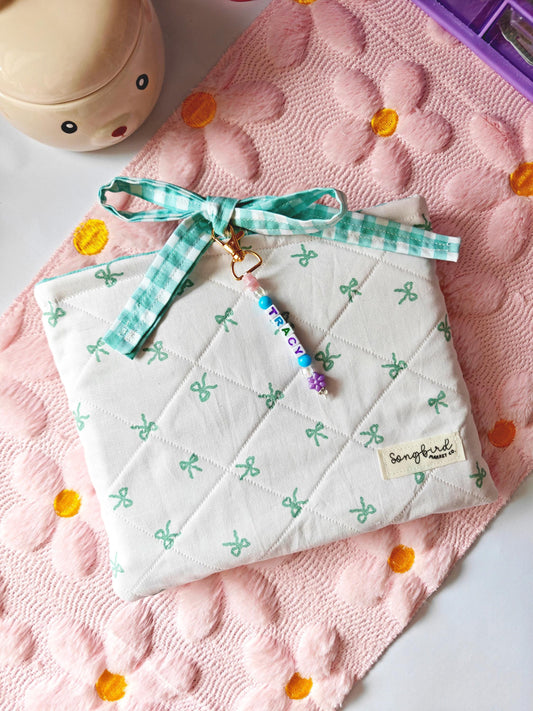 Name Charm Bow Book Sleeve with Gingham Ribbon Closure