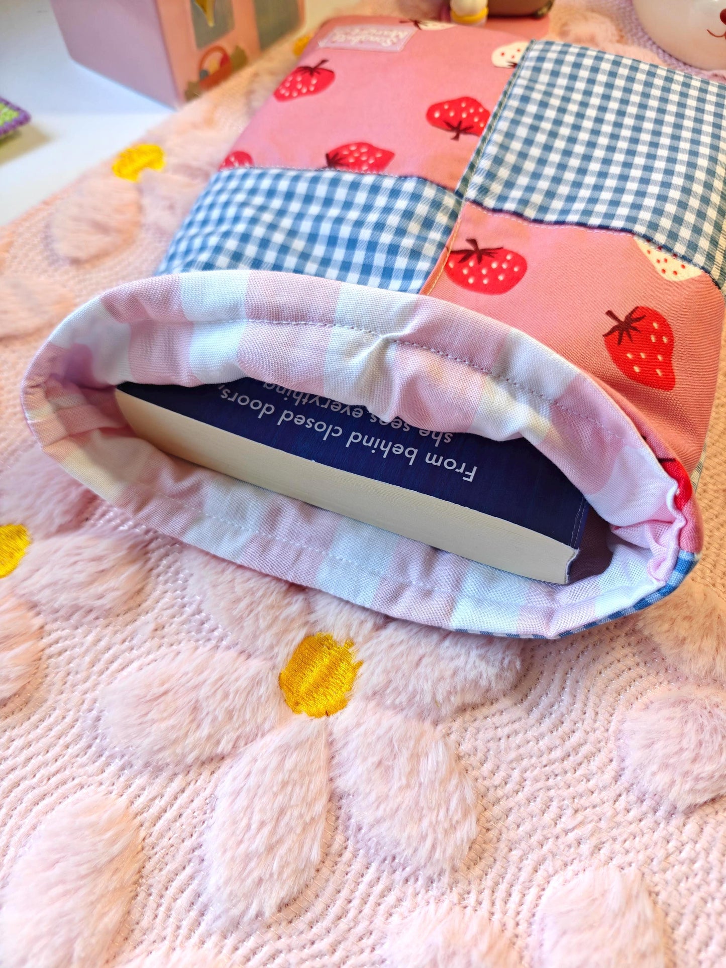 Patchwork Strawberry and Blue Gingham Book Sleee with Optional Zipper