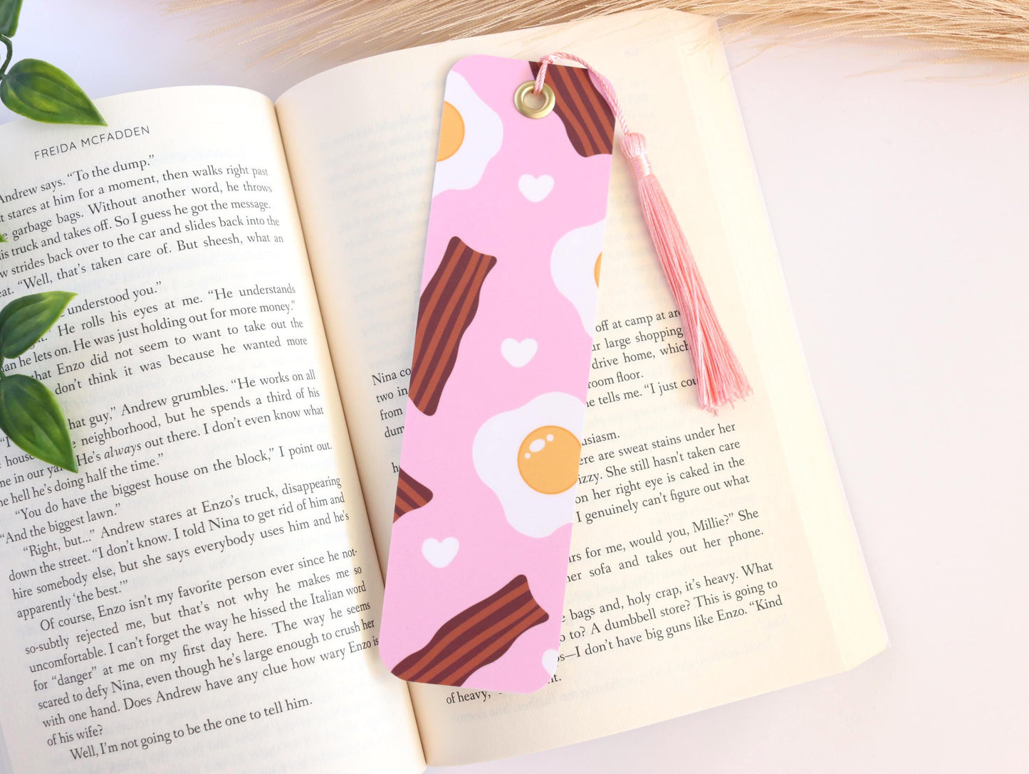 Bacon and Eggs Breakfast Laminated 2x7 Bookmark with Pink Tassel