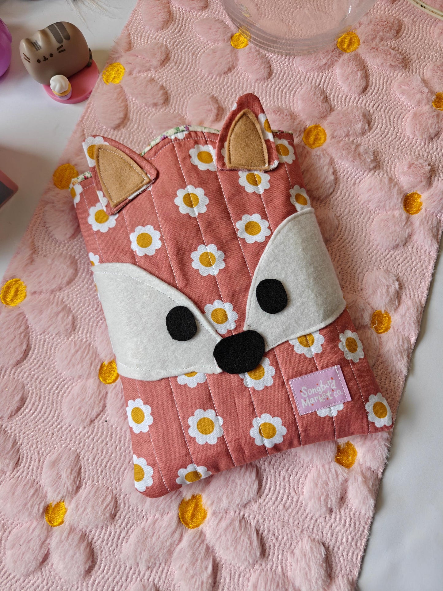 Fox-Shaped Book Sleeve with Dainty Yellow Floral Interior Lining