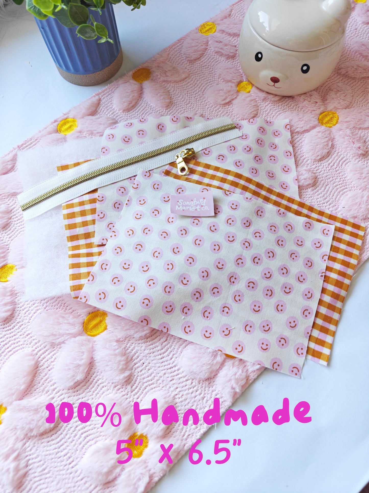 Quilted Smiley Face Zipper Pouch | Pink Small Makeup Bag | Handmade Fabric Coin Purse