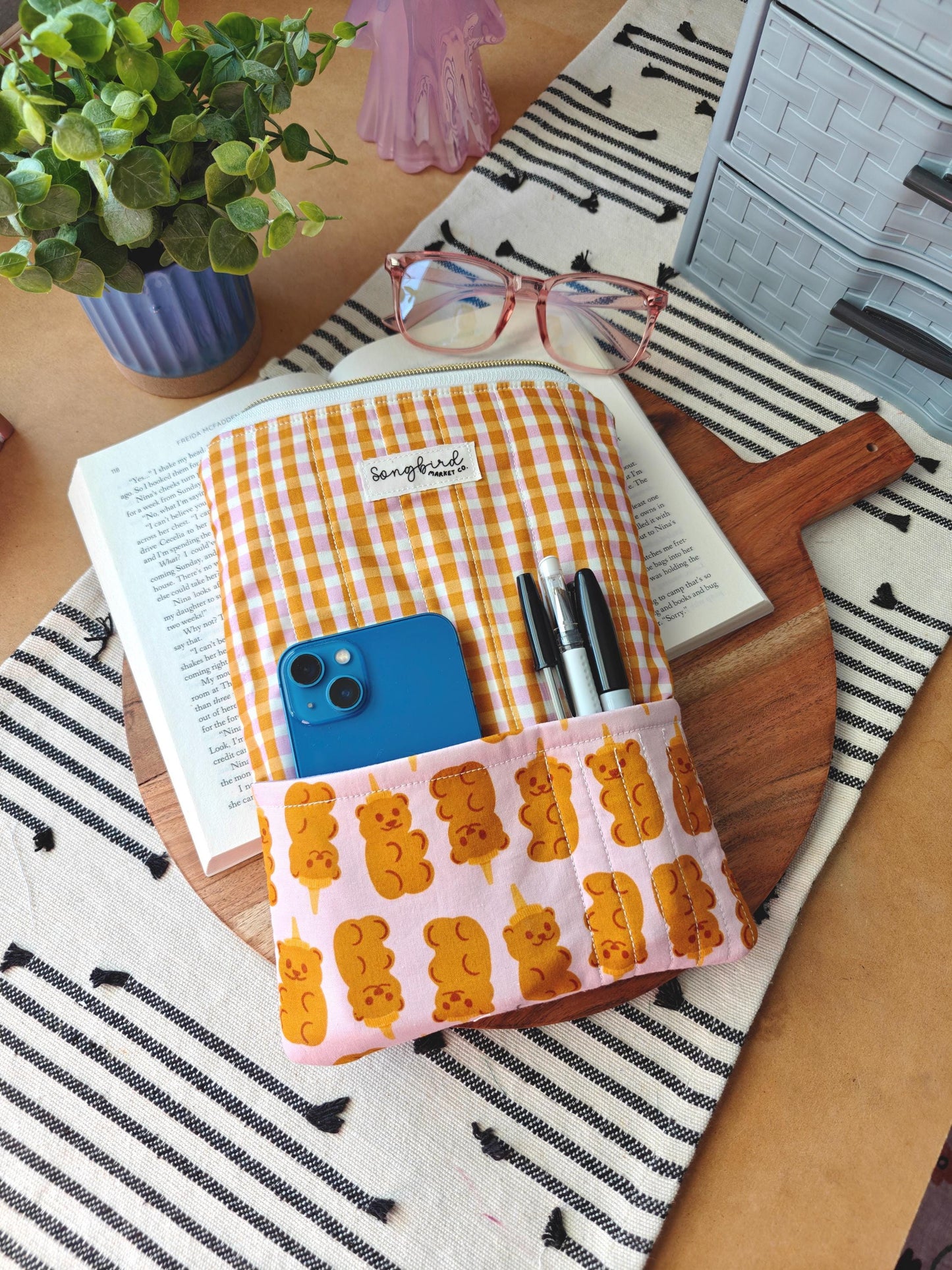 Gingham Honey Bear Book Sleeve With Zipper And Front Utility Pocket