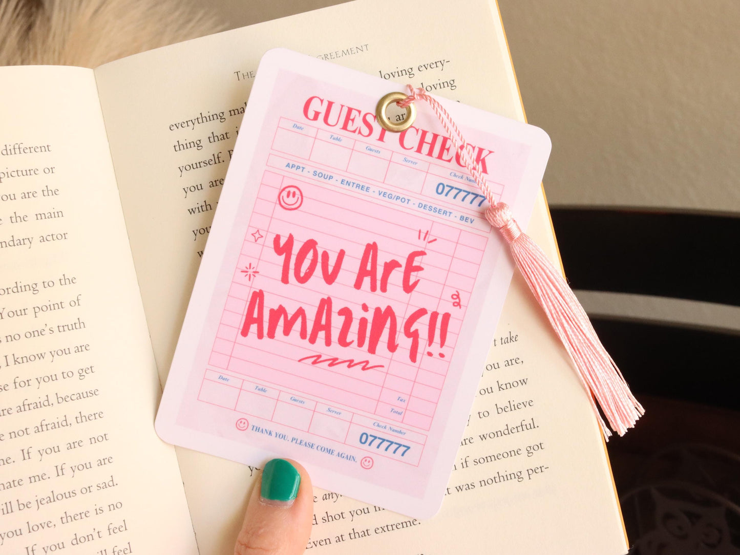 Laminated Pink Guest Check Diner Receipt Bookmark with Pink Tassel