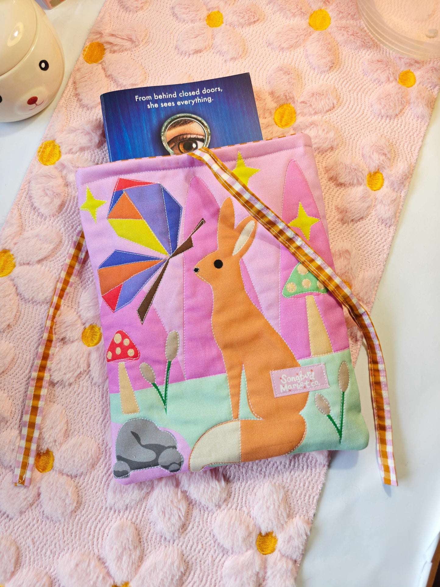Quilted Colorful Book Sleeve with Gingham Tie Enclosure