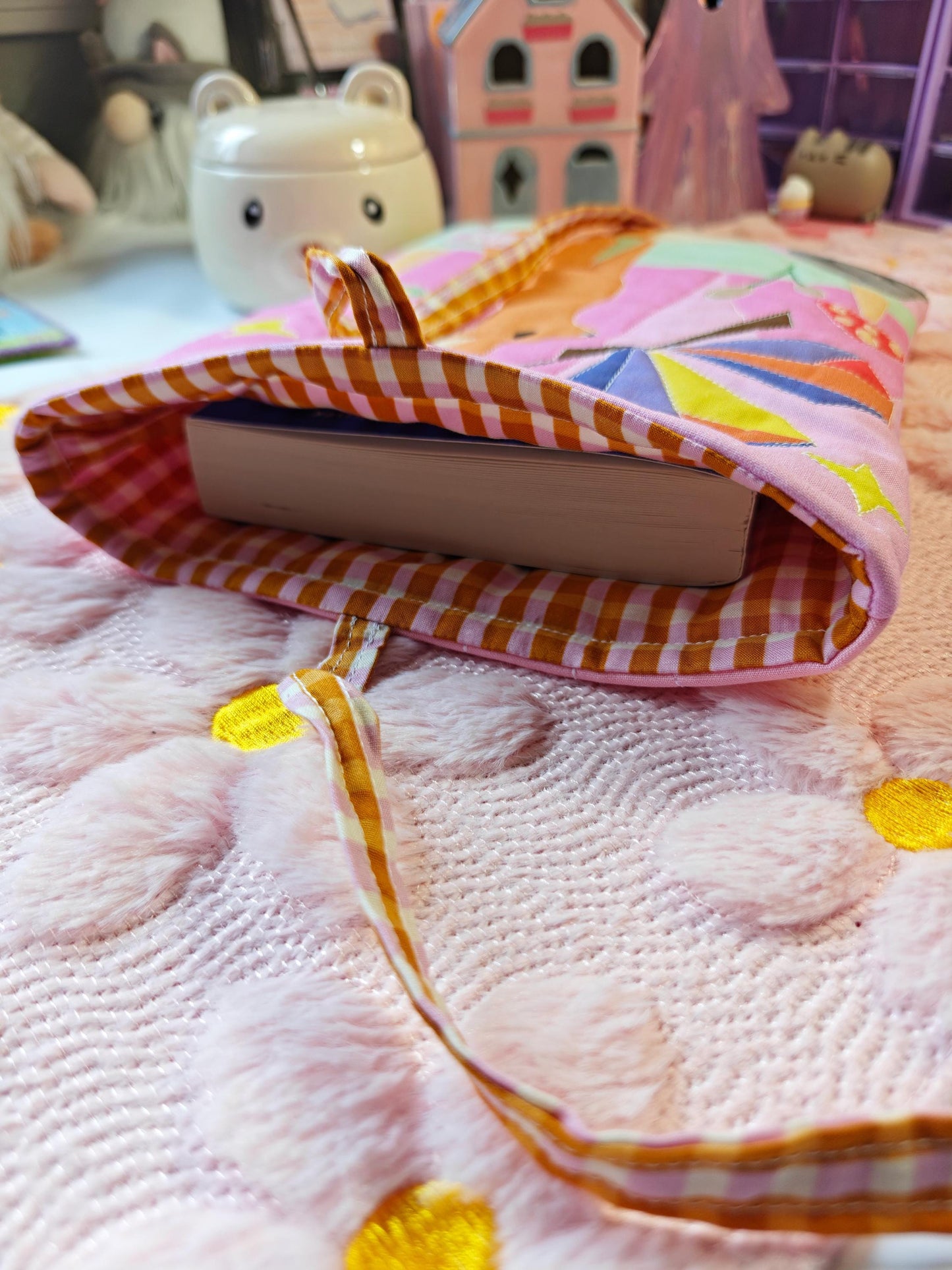 Quilted Colorful Book Sleeve with Gingham Tie Enclosure