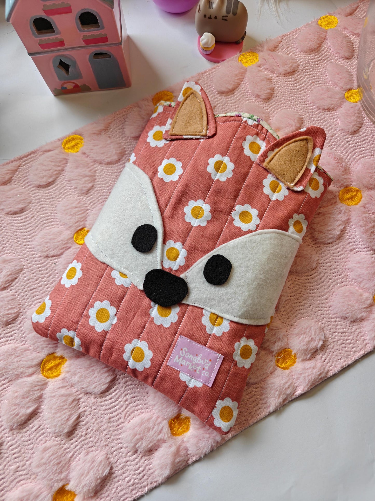 Fox-Shaped Book Sleeve with Dainty Yellow Floral Interior Lining