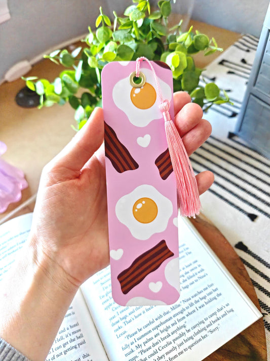 Bacon and Eggs Breakfast Laminated 2x7 Bookmark with Pink Tassel
