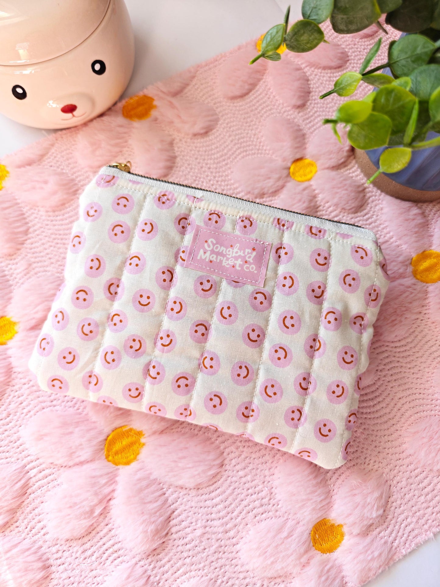 Quilted Smiley Face Zipper Pouch | Pink Small Makeup Bag | Handmade Fabric Coin Purse