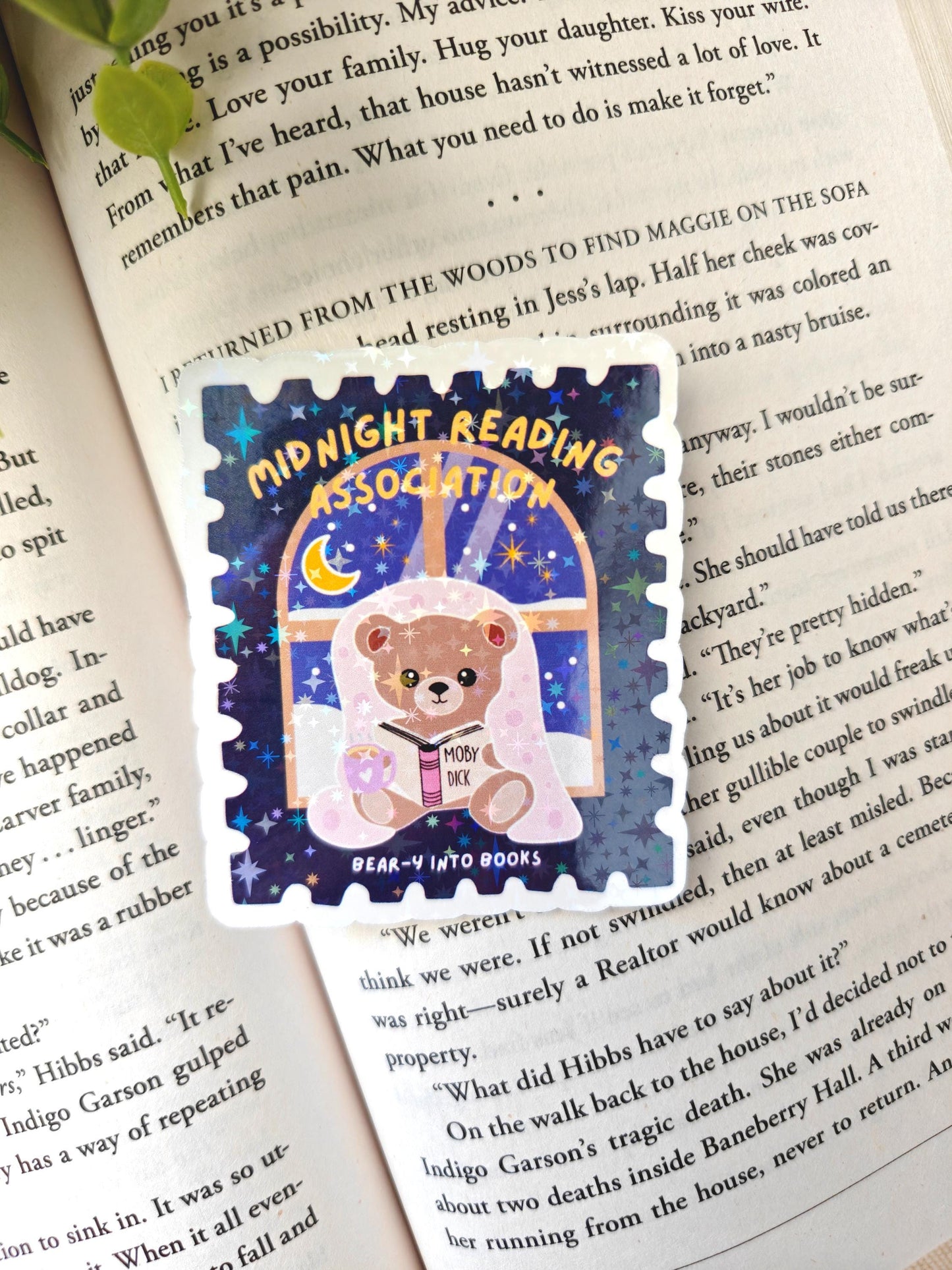 Holographic Midnight Reading Bear Sticker | Stamp Design Bookish Stickers