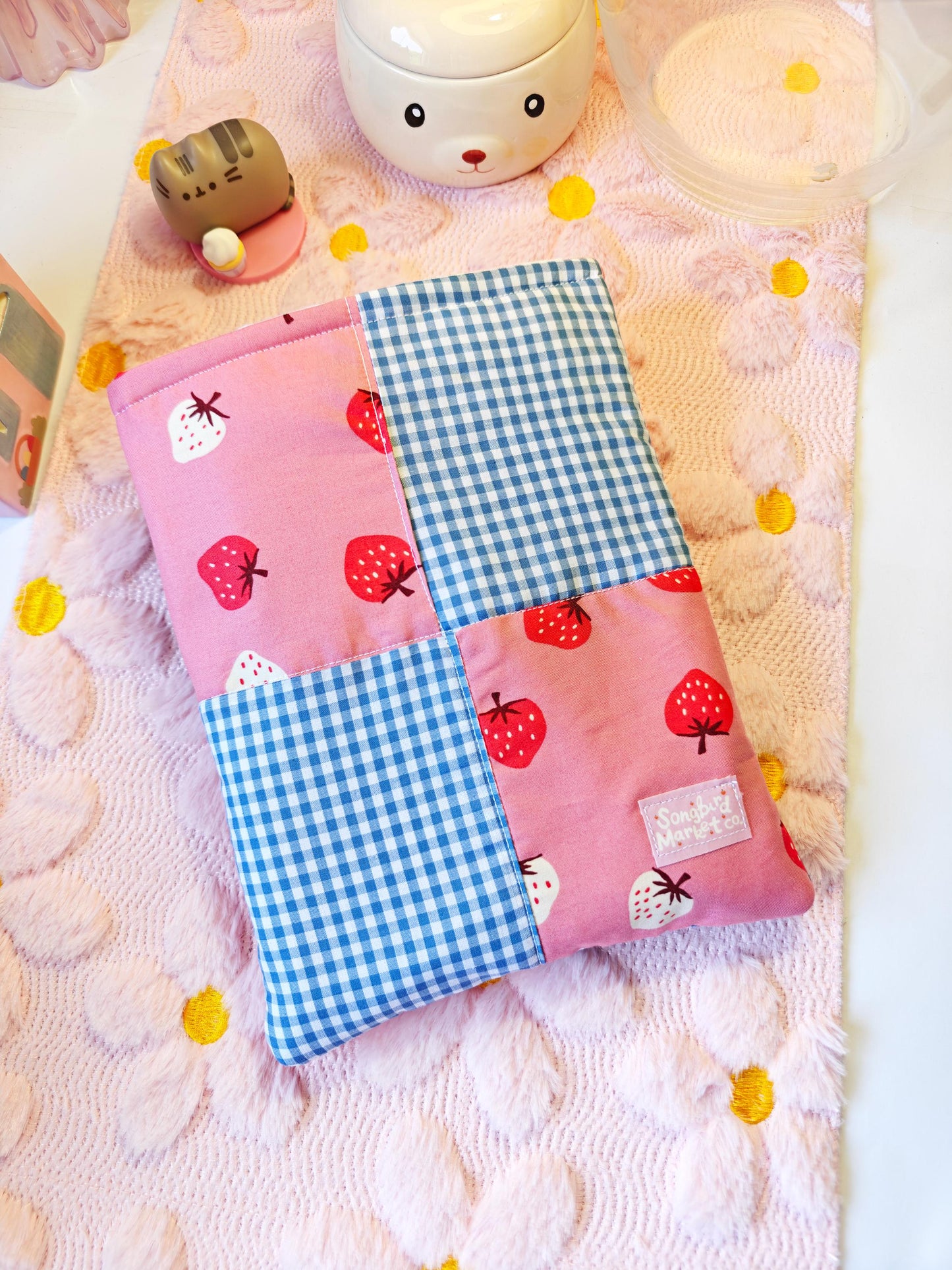Patchwork Strawberry and Blue Gingham Book Sleee with Optional Zipper