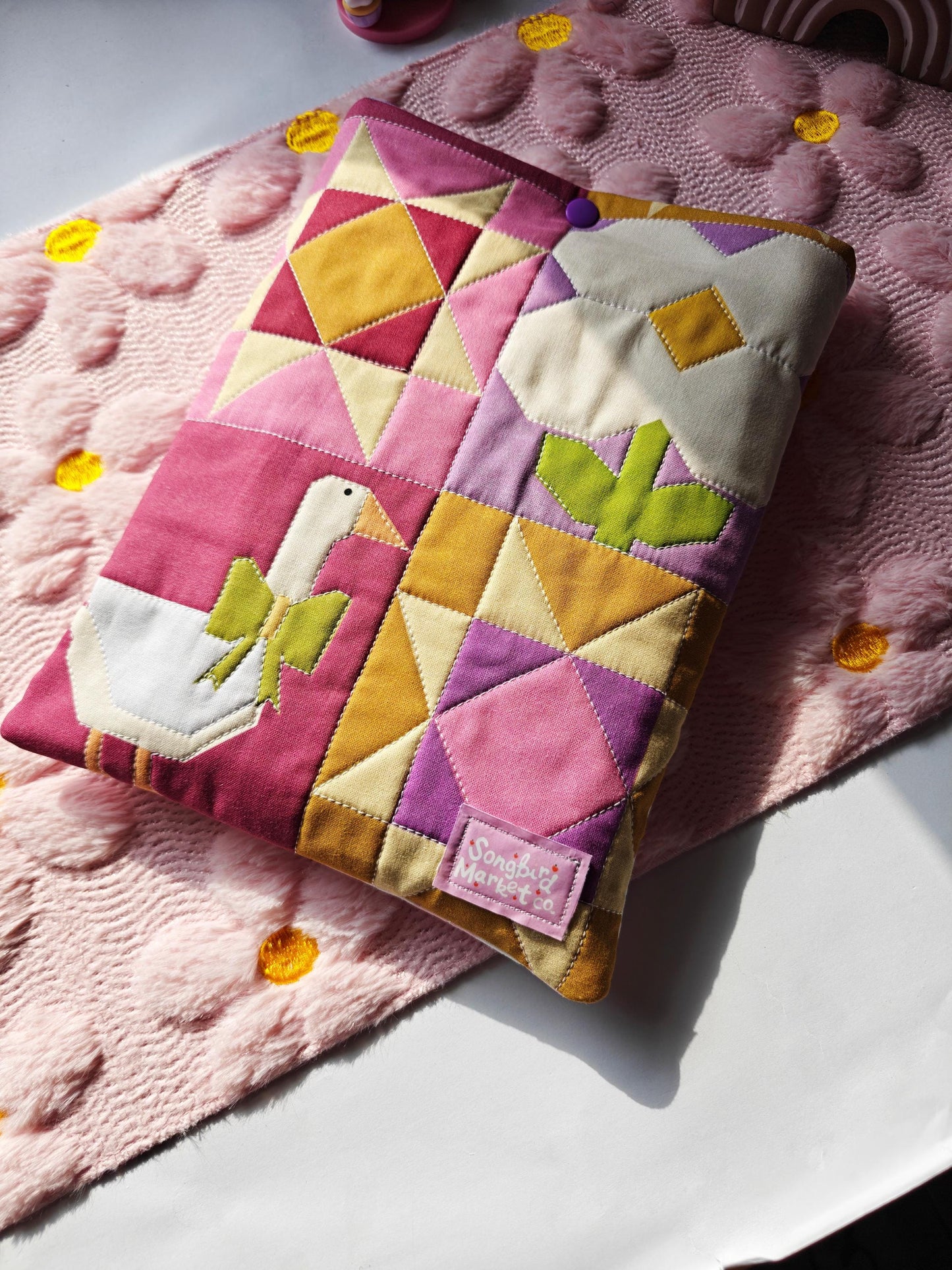 Cottage Orchard Patchwork Book Sleeve with Snap or Ribbon Enclosure