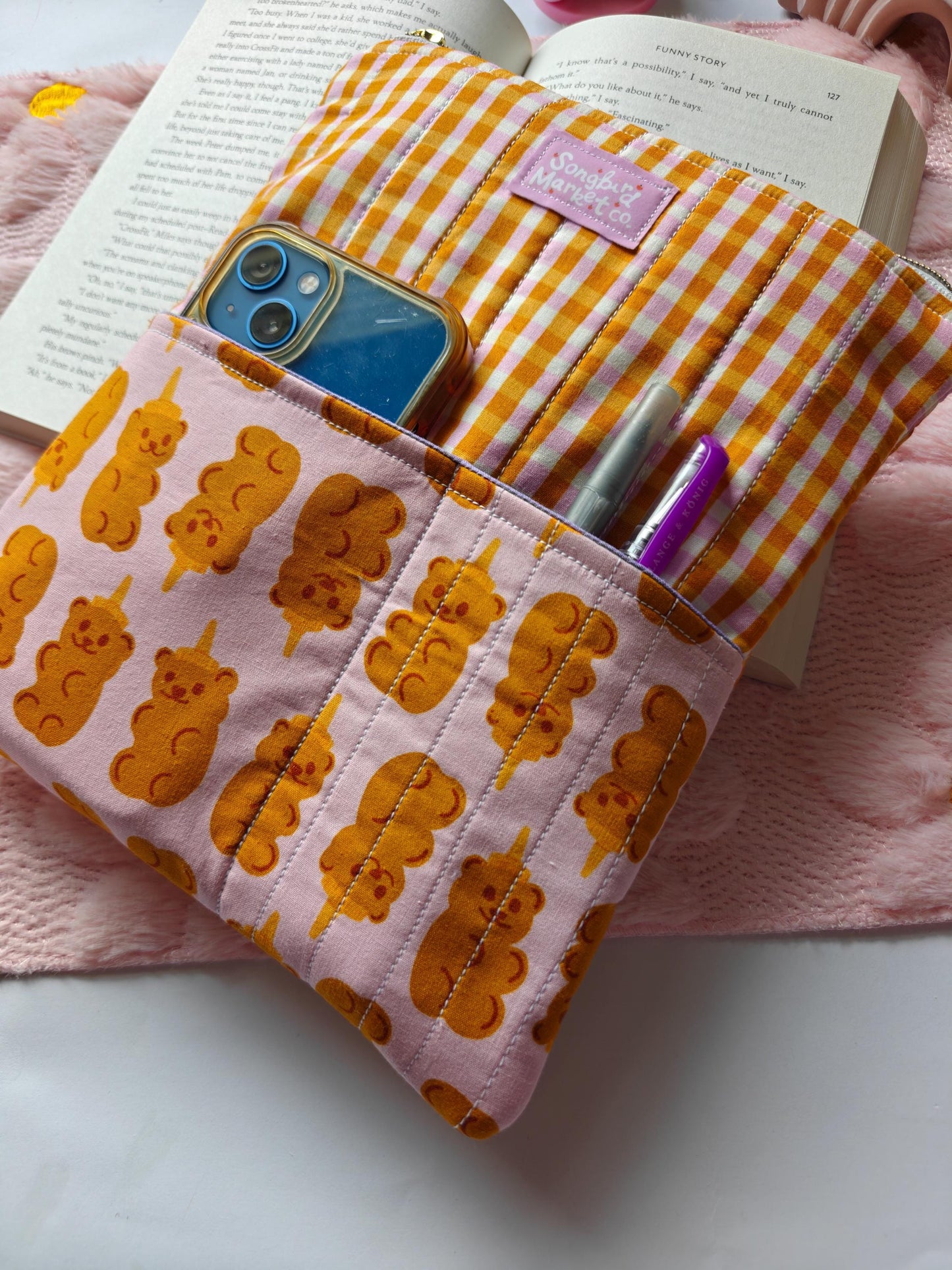 Gingham Honey Bear Book Sleeve With Zipper And Front Utility Pocket