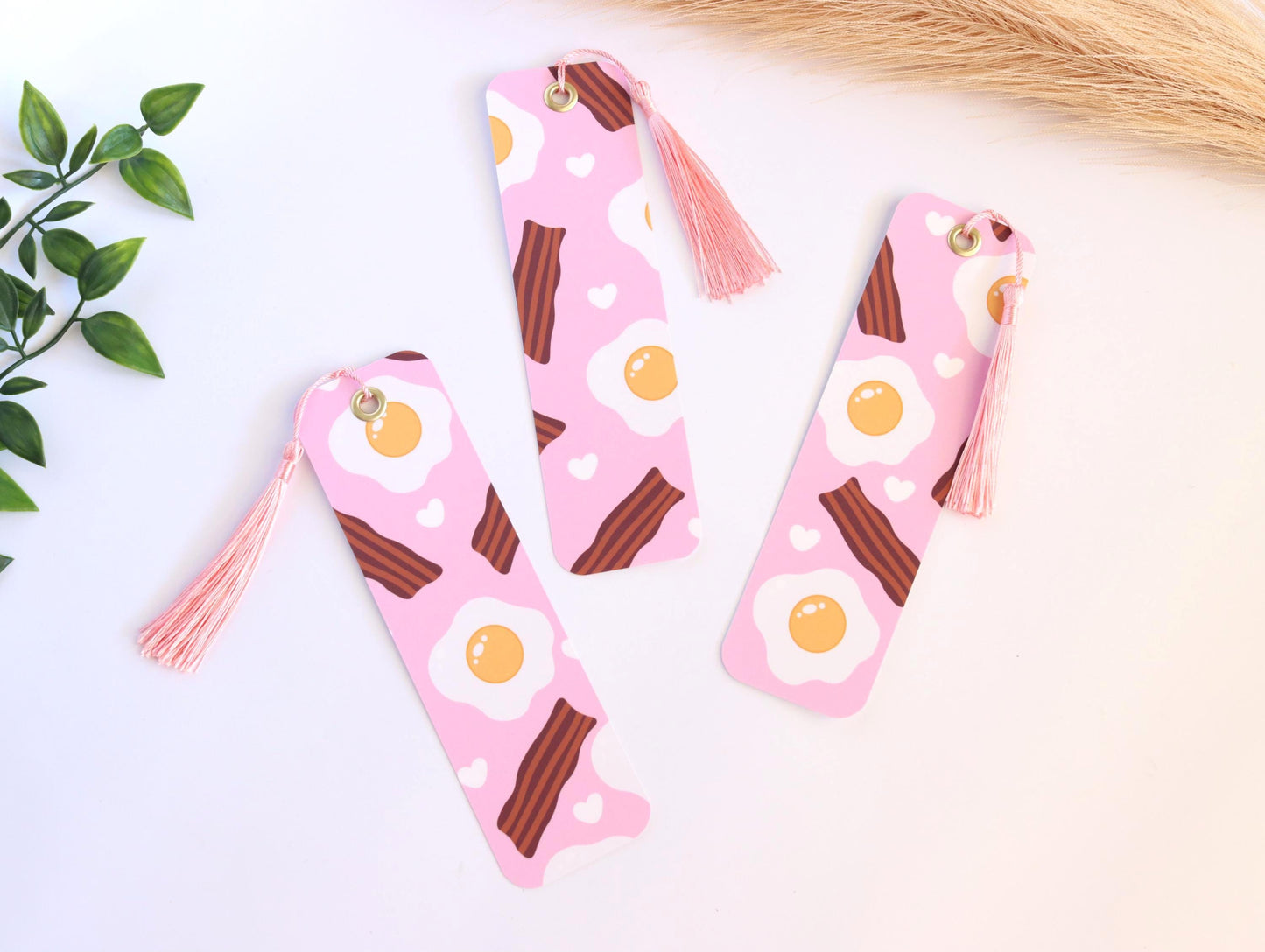 Bacon and Eggs Breakfast Laminated 2x7 Bookmark with Pink Tassel