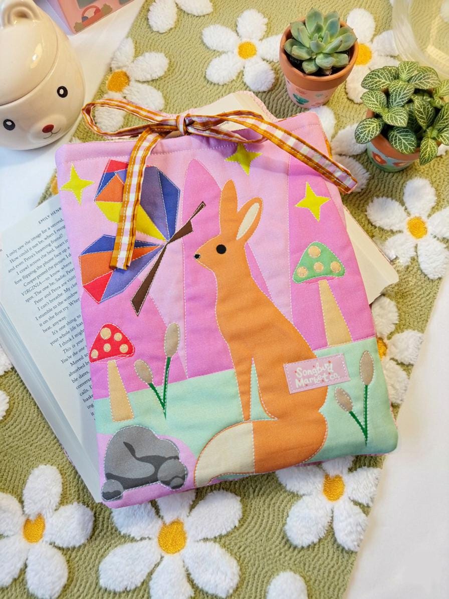 Quilted Colorful Book Sleeve with Gingham Tie Enclosure