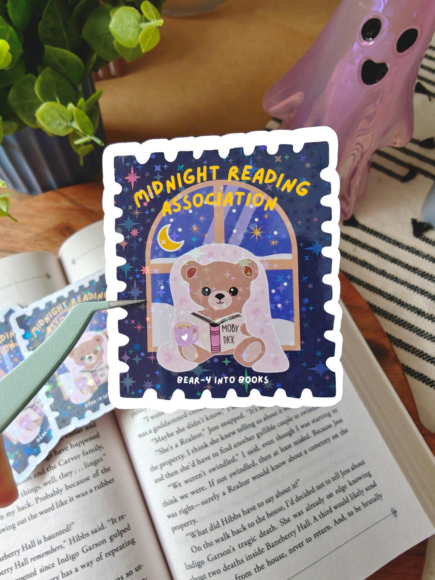 Holographic Midnight Reading Bear Sticker | Stamp Design Bookish Stickers