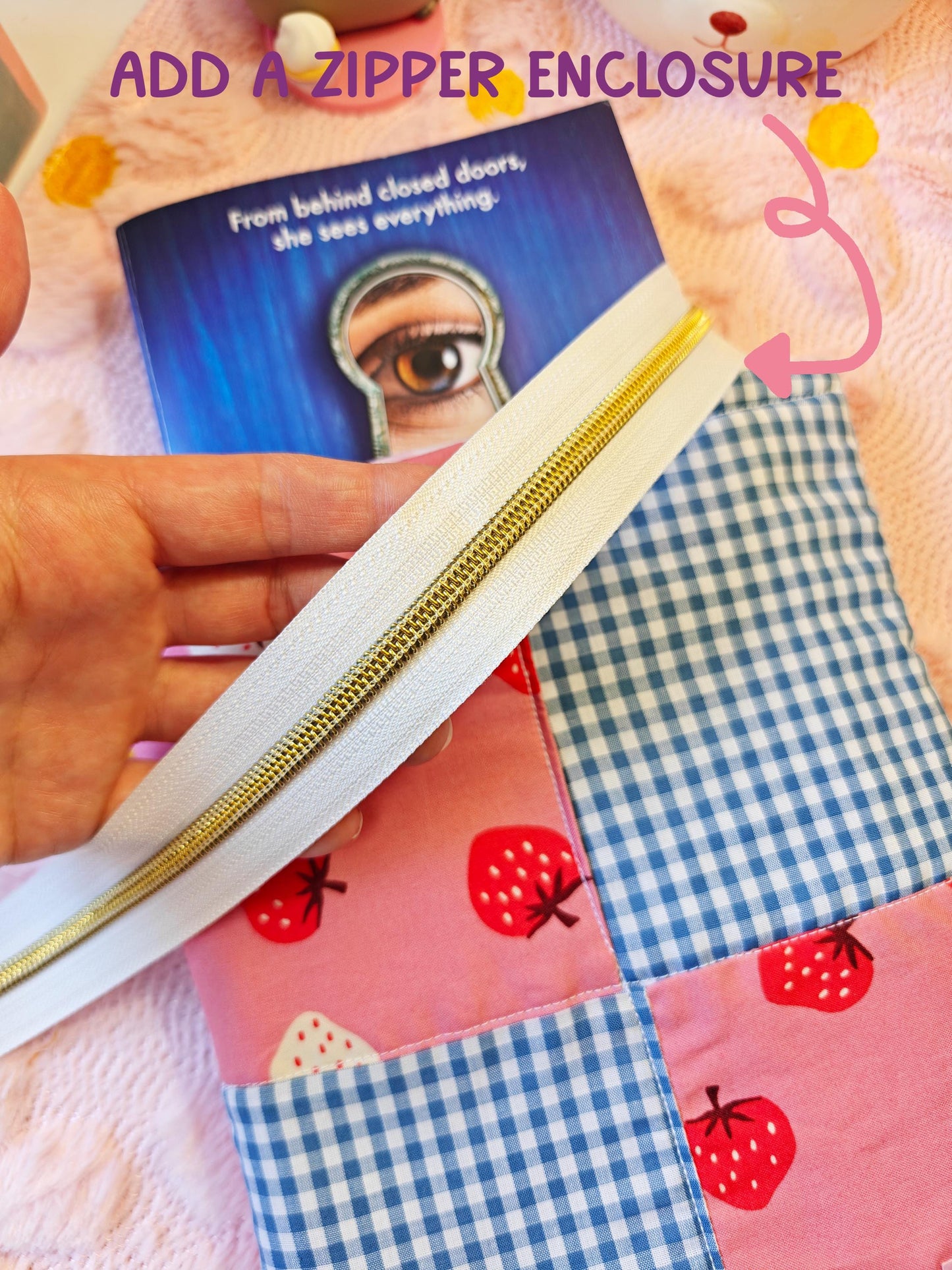 Patchwork Strawberry and Blue Gingham Book Sleee with Optional Zipper