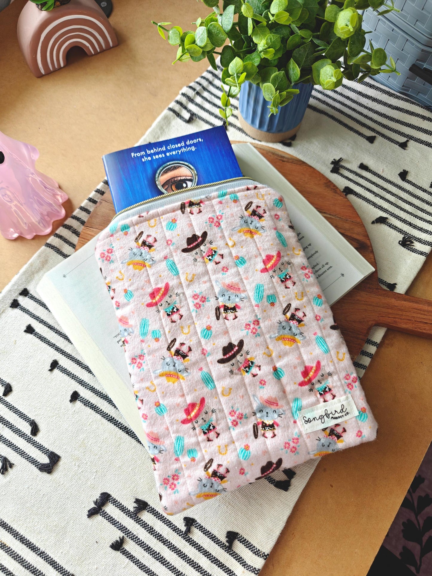 Pink Cowboy Cat Fleece Quilted Book Sleeve With Zipper  | 11 inch iPad Sleeve