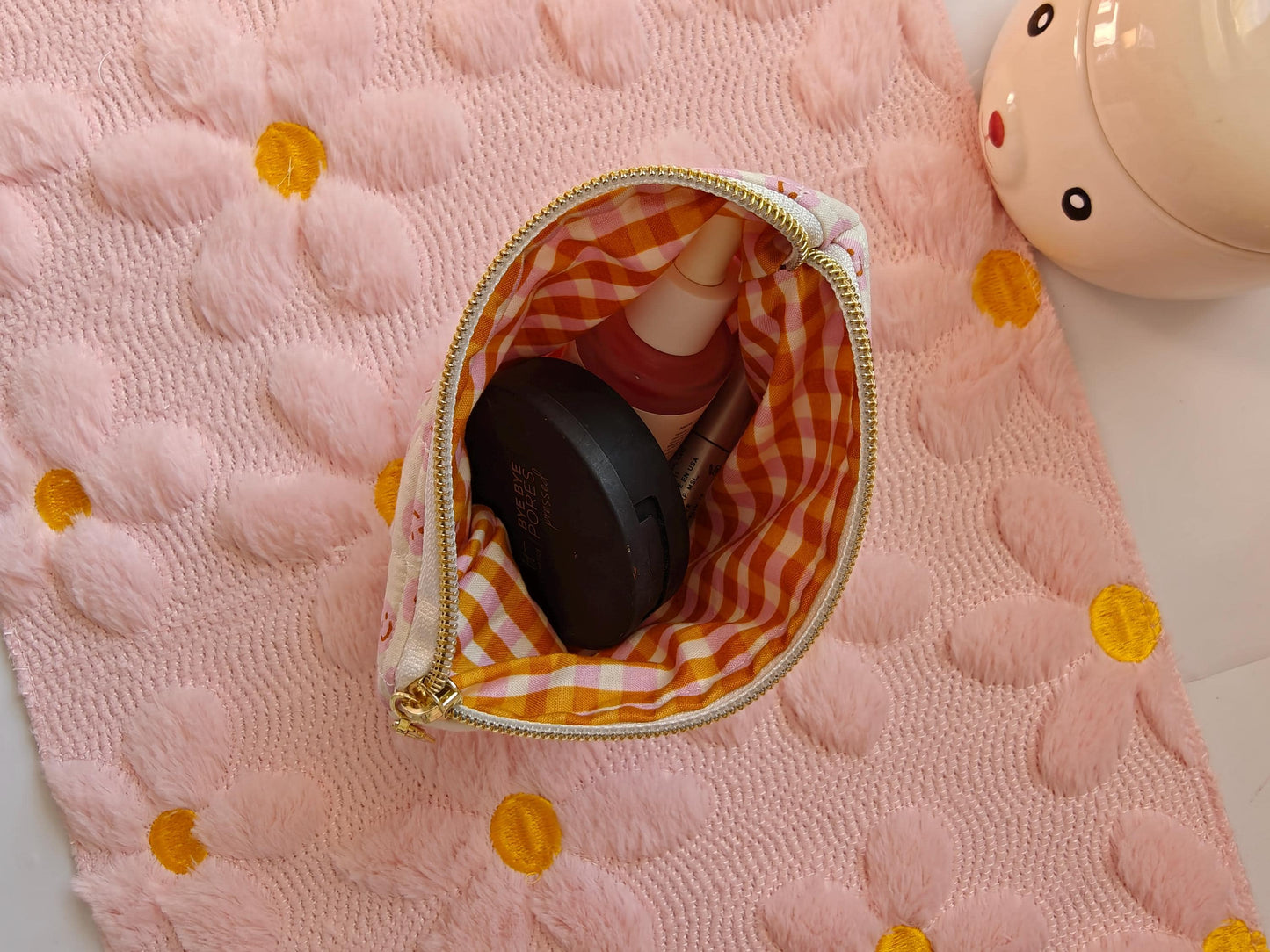 Quilted Smiley Face Zipper Pouch | Pink Small Makeup Bag | Handmade Fabric Coin Purse