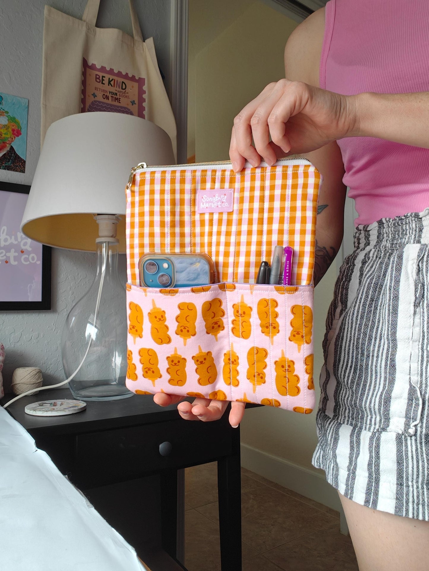 Gingham Honey Bear Book Sleeve With Zipper And Front Utility Pocket