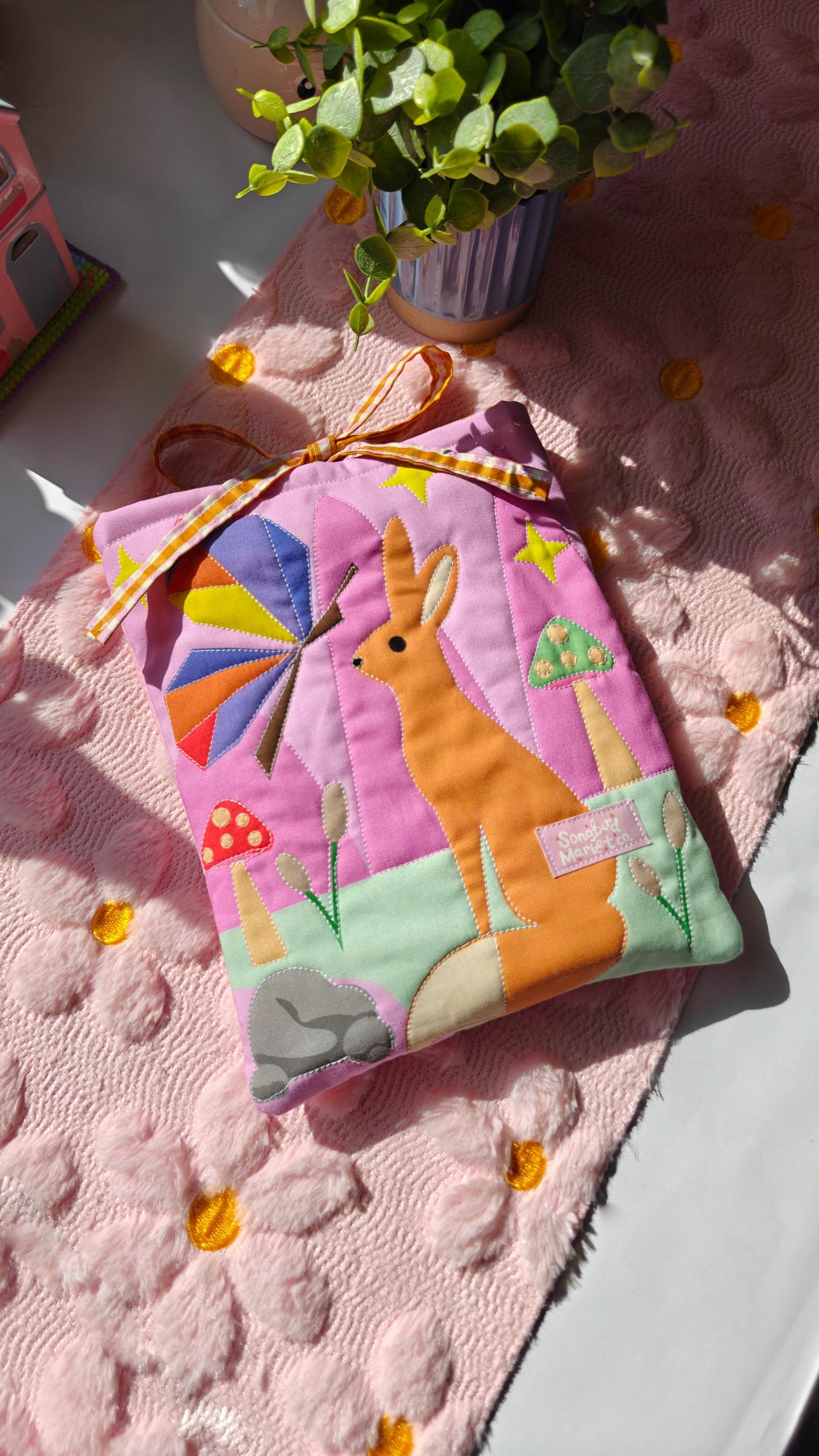 Quilted Colorful Book Sleeve with Gingham Tie Enclosure