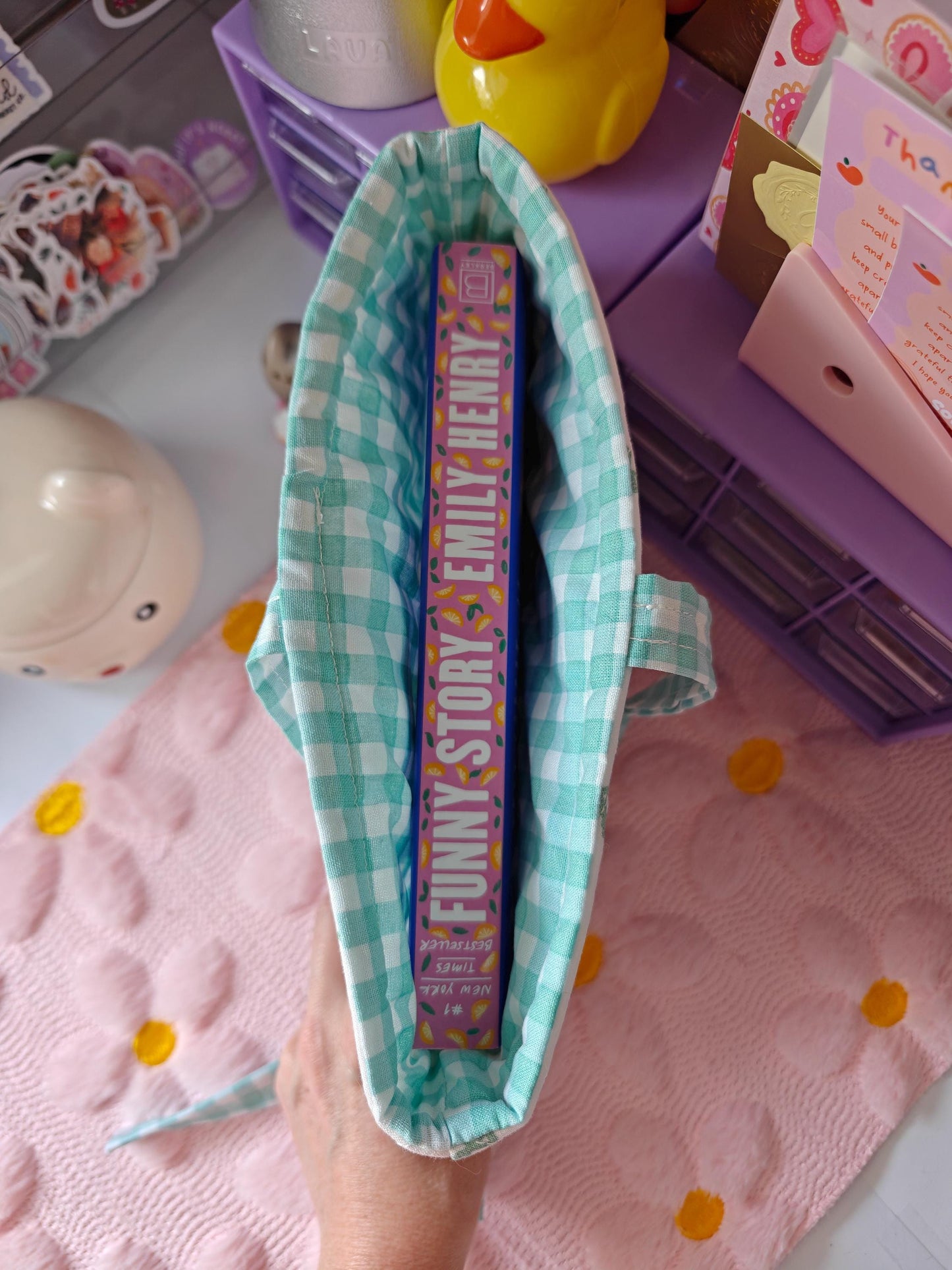 Name Charm Bow Book Sleeve with Gingham Ribbon Closure